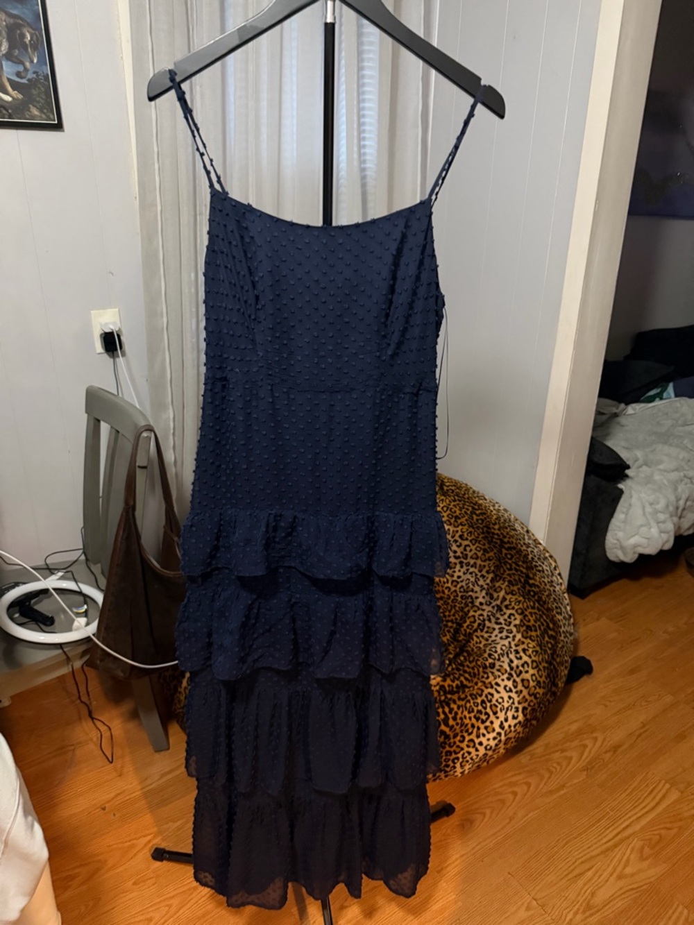 Women’s J. Crew Dress Navy Dotted Swiss Maxi Sz  4 Tiered Spaghetti Straps